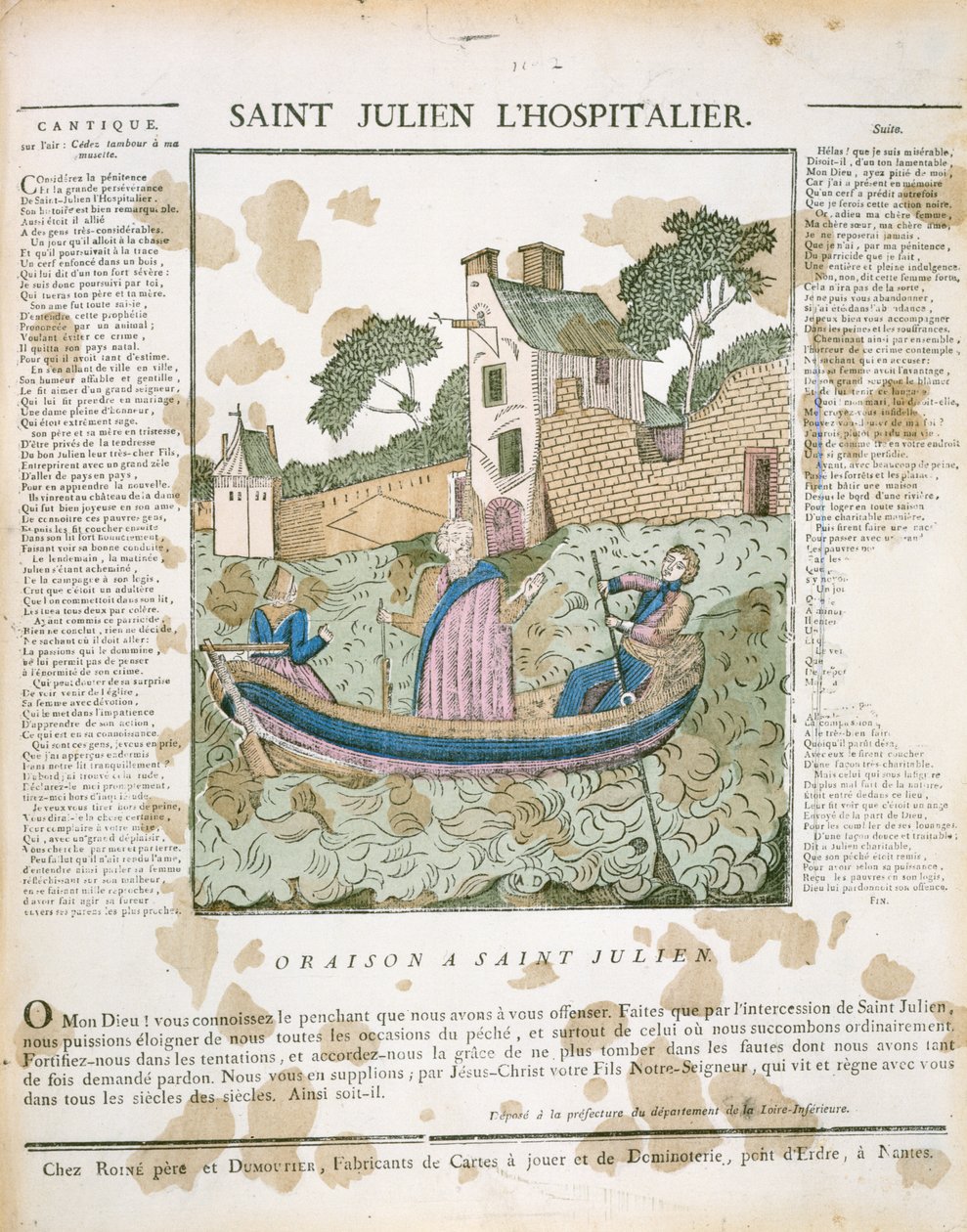 Saint Julian the Hospitaller ror rejsende over en flod, illustration fra LImagerie Populaire af P.L. Duchartre & R. Saulmer af French School