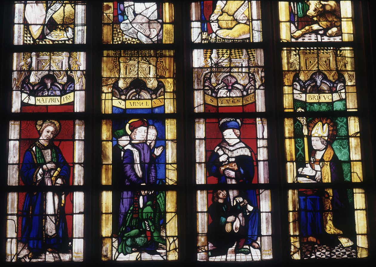 Saint Maturin, Saint Yves, Saint Armel og Saint Brieuc - farvet glas fra kirken Saint Saviour of Dinan af French School