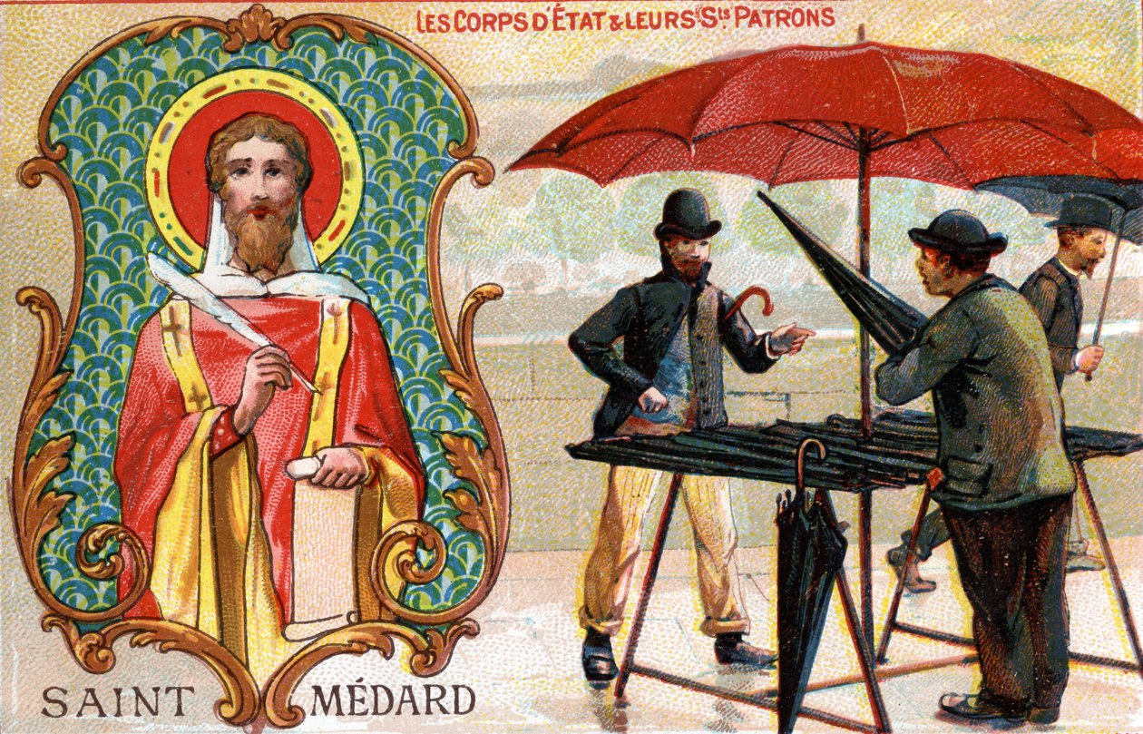 Saint Médard, skytshelgen for paraplysælgere, ca. 1910 (farve litho) af French School
