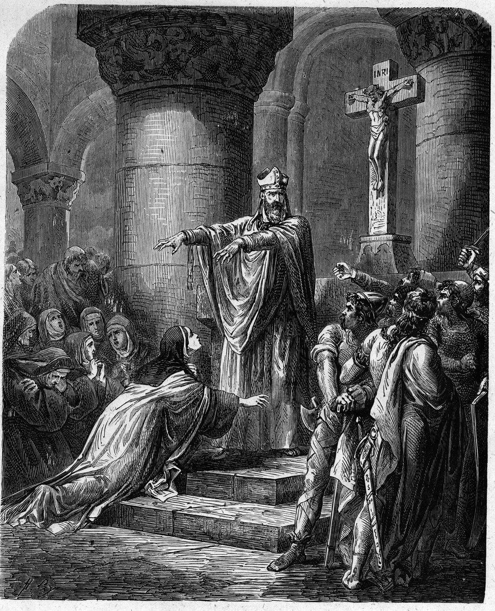 Saint Medard af Noyon (død 560) tilbyder religiøse klæder til Saint Radegonde (ca. 520-587) kone til kong Clothaire. af French School
