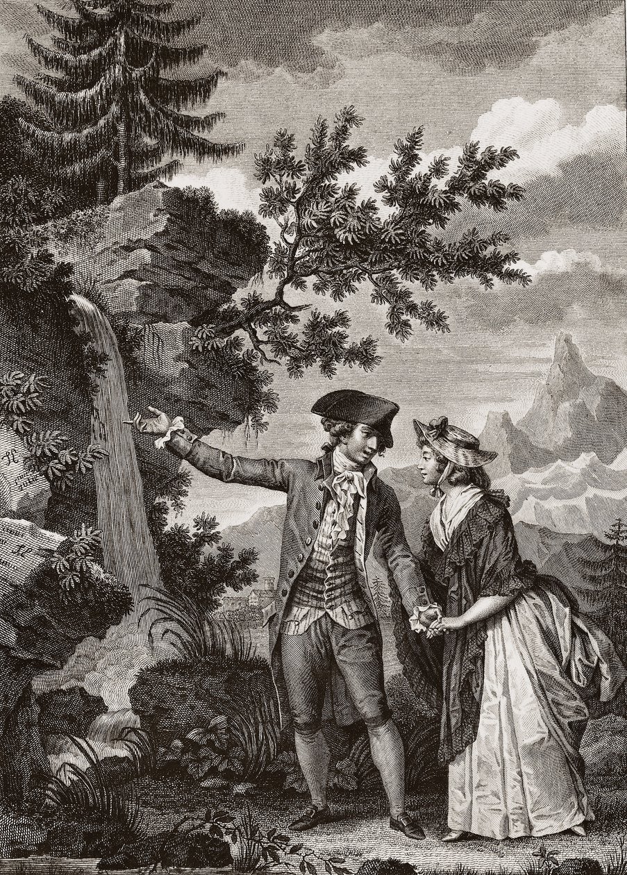 Saint Preux og Julie gravering fra 1793 til "Julie ou la nouvelle Heloise" af den schweiziske filosof Jean Jacques (Jean-Jacques) Rousseau (1712-1778) - Julie og Saint-Preux, illustration fra 