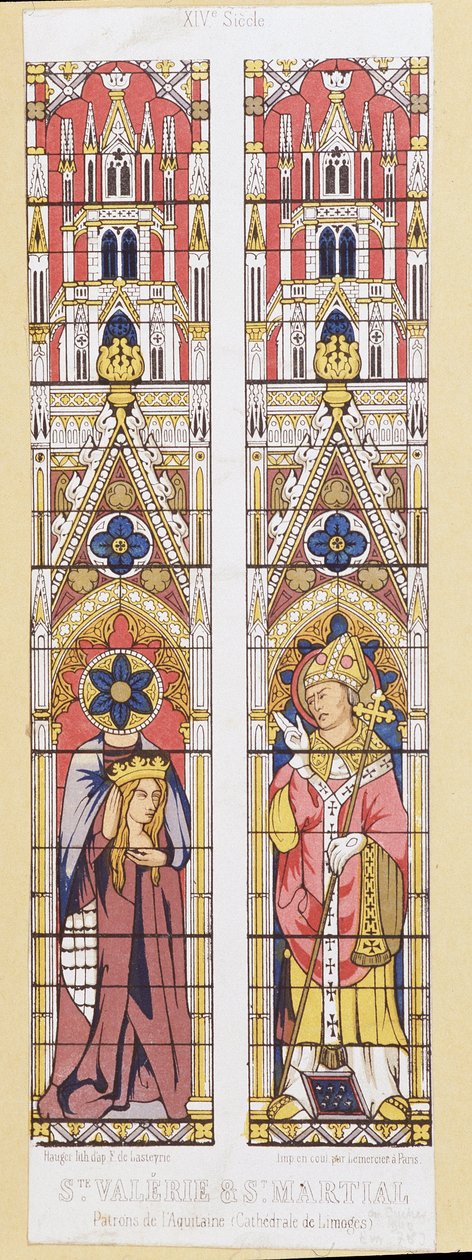 Saint Valerie, jomfru og martyr i Limoges (3. århundrede) og Saint Martial, eveque af Limoges (3. århundrede), protektorer af Aquitaine. Fac-lignelse, der gengiver de farvede glasvinduer i Cathedrale de Limoges. af French School