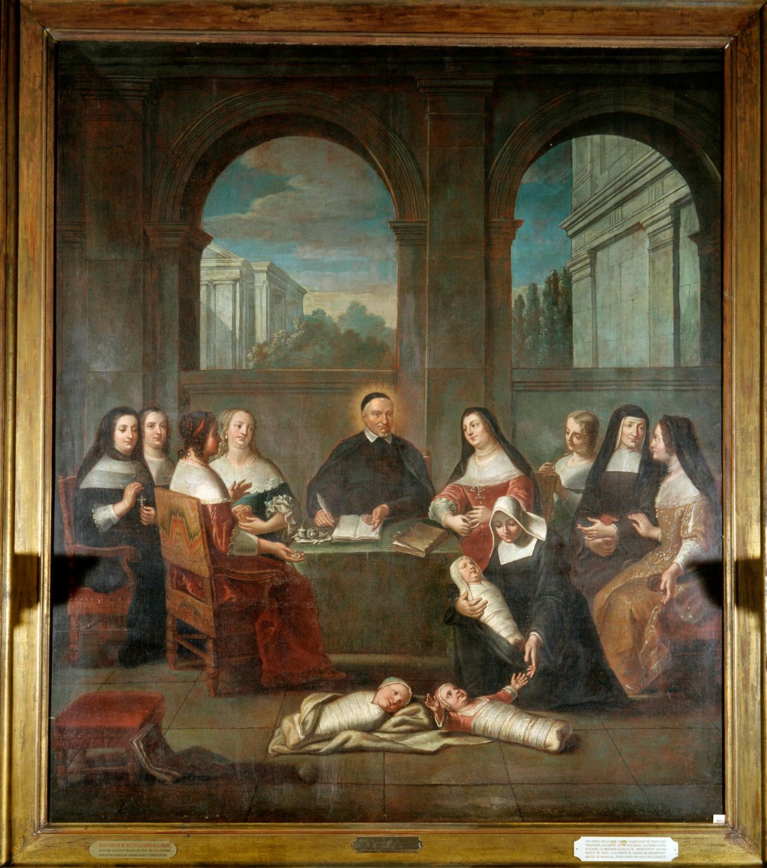 Saint Vincent de Paul and the ladies of charity Repræsentation af Saint Vincent de Paul, præst, grundlægger af etableringen af Charity-døtrene i 1634 (1576-1660) omgivet af nonner, der tager sig af nyfødte og velgørende damer. Anonymt maleri o af French School