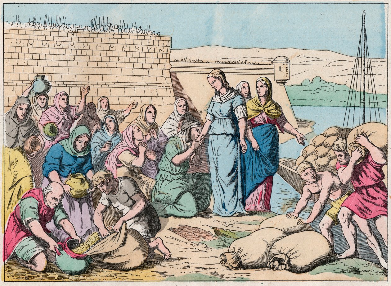 Sainte Genevieve distribuerer mad til folket under belejringen af Paris af Hunnernes hær af Attila i 451 (barbariske invasioner) - Sainte Genevieve og befolkningen i Paris - Indgravering af slutningen af det 19. århundrede i "Nos Gires Nationales - Billede af French School