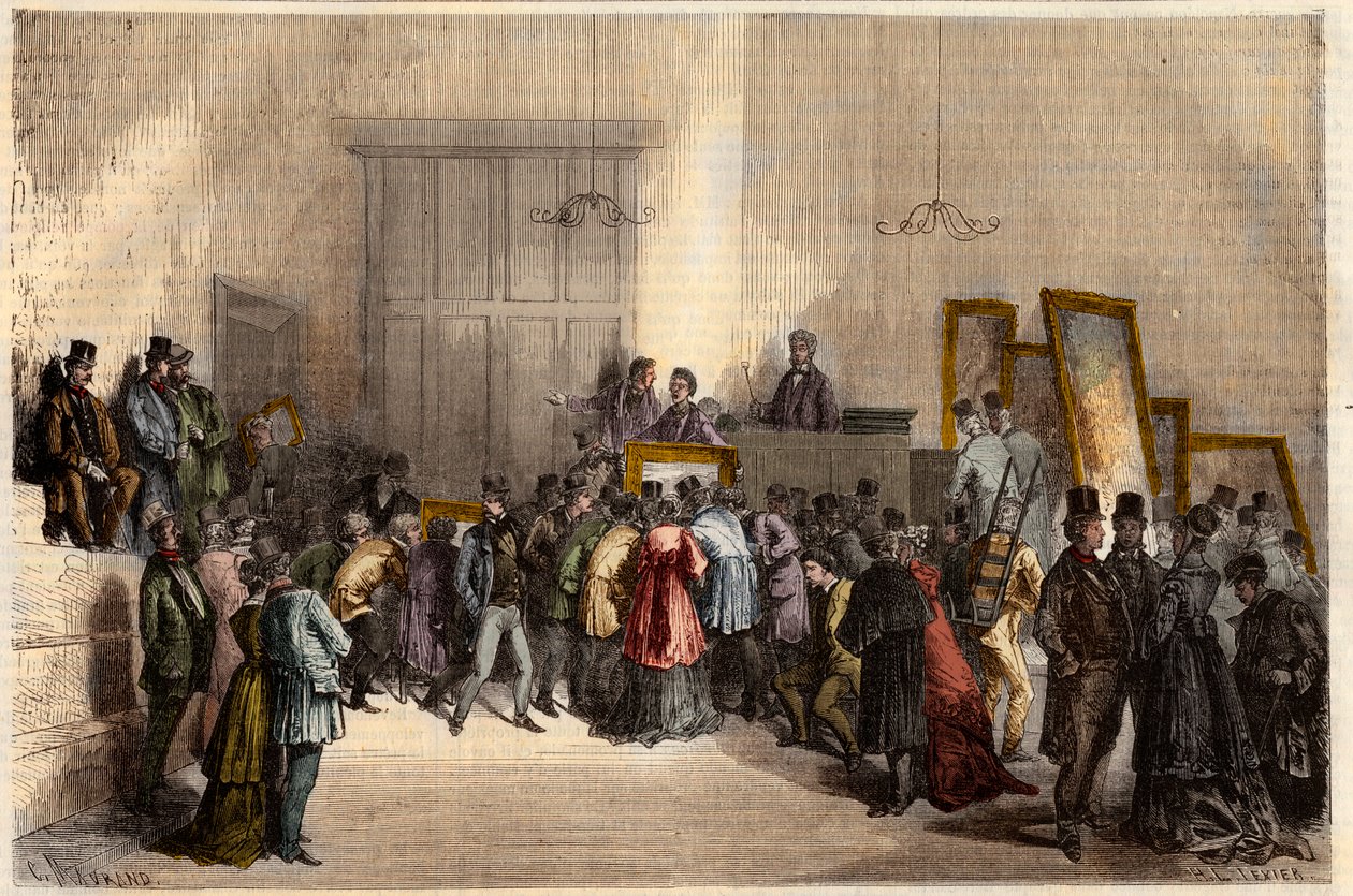 Salg af malerier på auktionsholdernes hotel i Paris i 1868. Indgravering i "" L