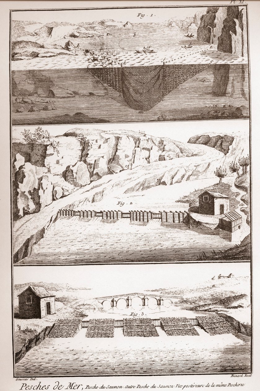 Laksefiskeriteknikker - Encyclopedia or Dictionary of the Sciences, Arts and Professions af Denis Diderot (1713-1784) og Jean d