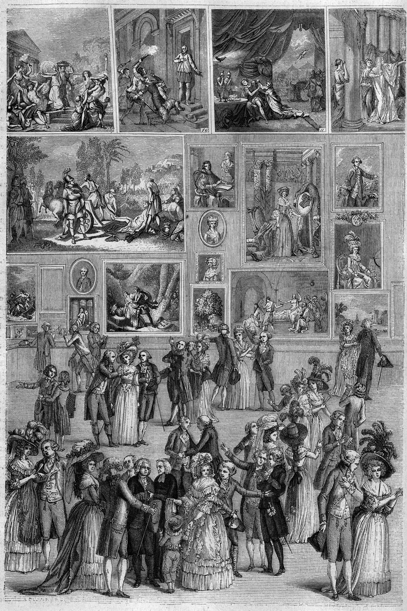 Salon de 1787: udsigt over Salon Carre ved Louvre under maleriudstillingen i Paris. Gravering af Martini i ""The Picturesque Store"" af French School