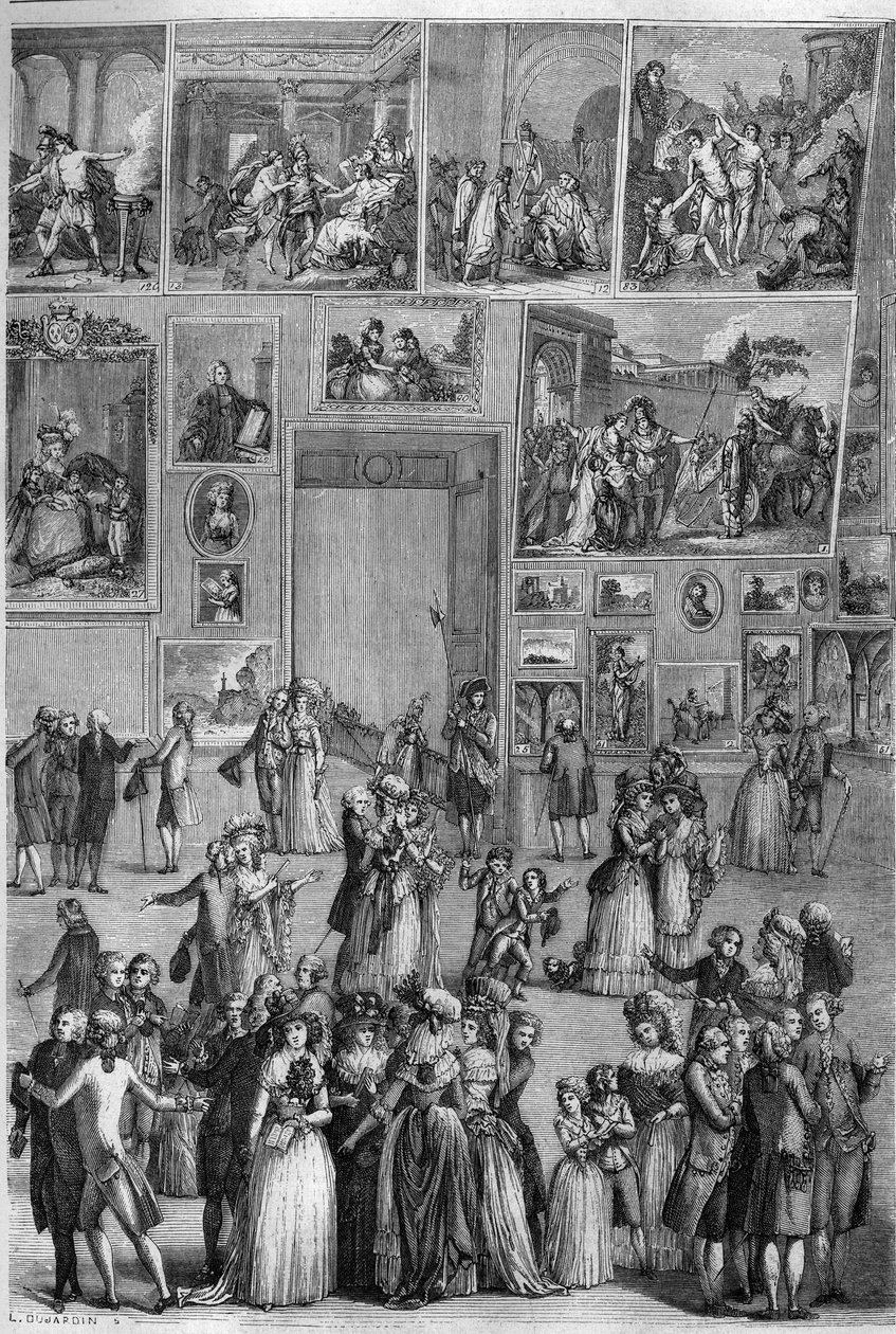 Salon de 1787: udsigt over Salon Carre ved Louvre under maleriudstillingen i Paris. Gravering af Martini i ""The Picturesque Store"" af French School
