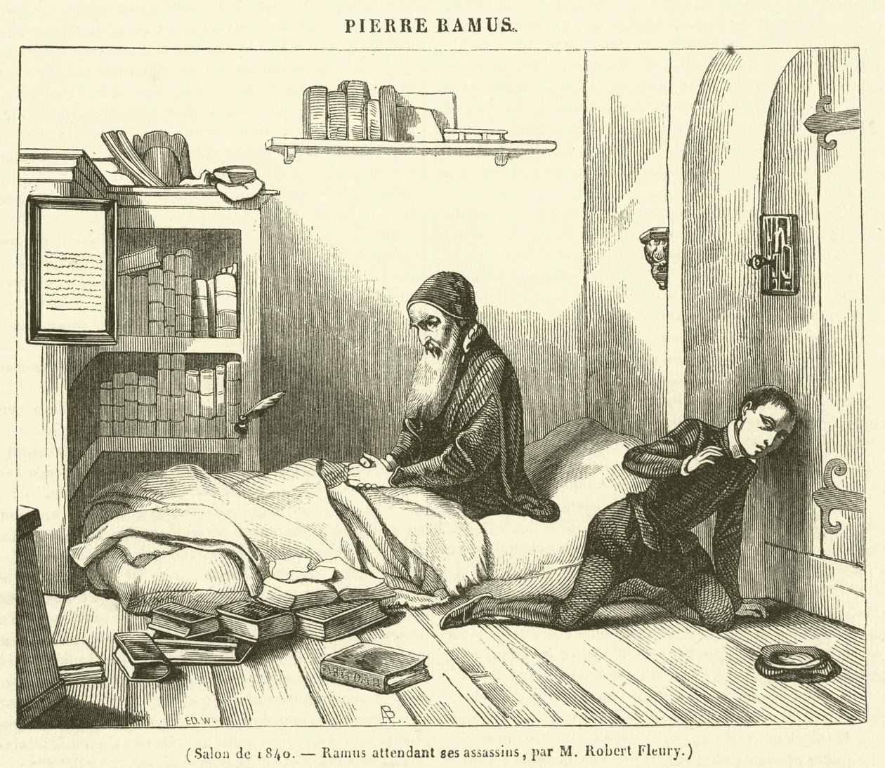 Salon i 1840, Ramus venter på sine snigmordere (kobberstik) af French School