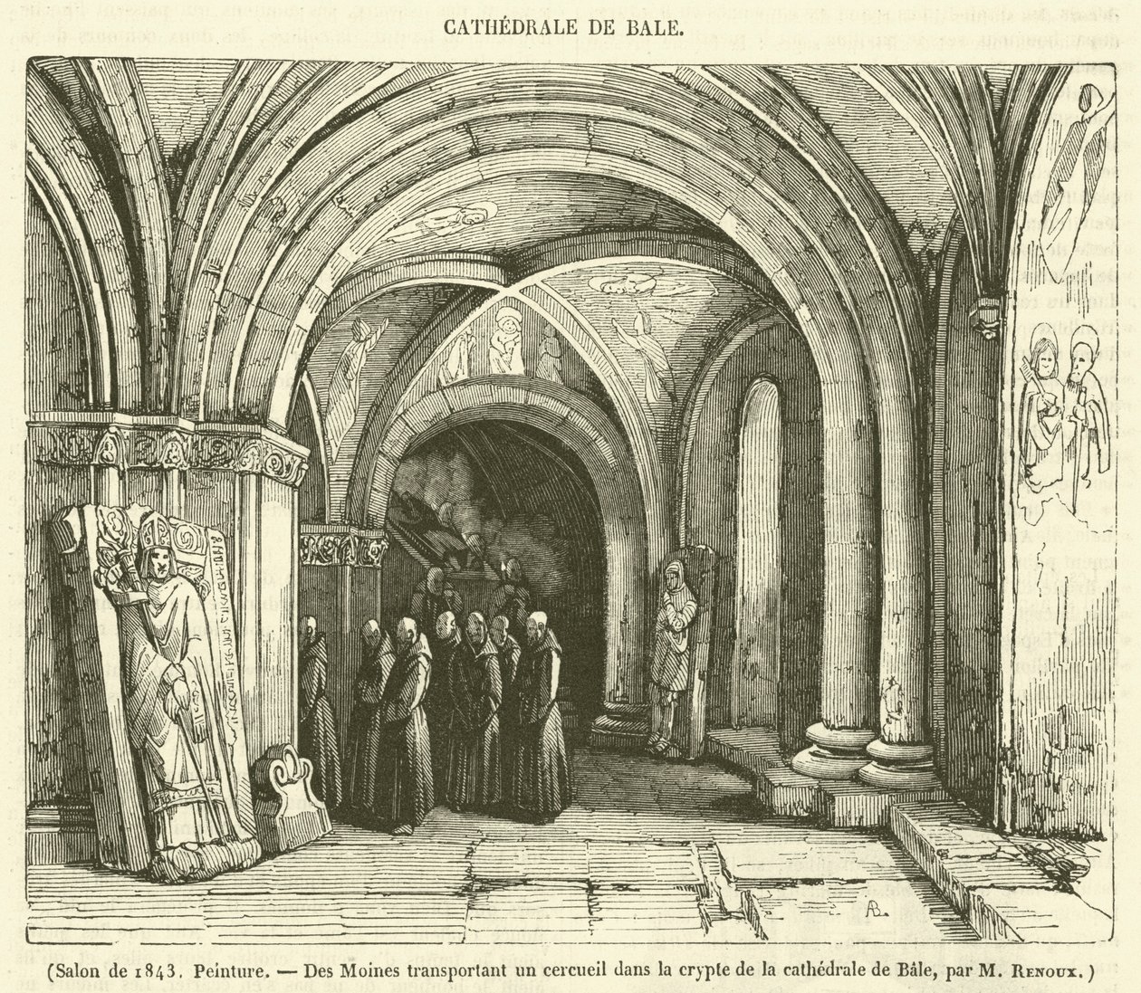 Salon i 1843, Maleri, Des Moines transportant un cercueil dans la crypte de la cathedrale de Bale (kobberstik) af French School