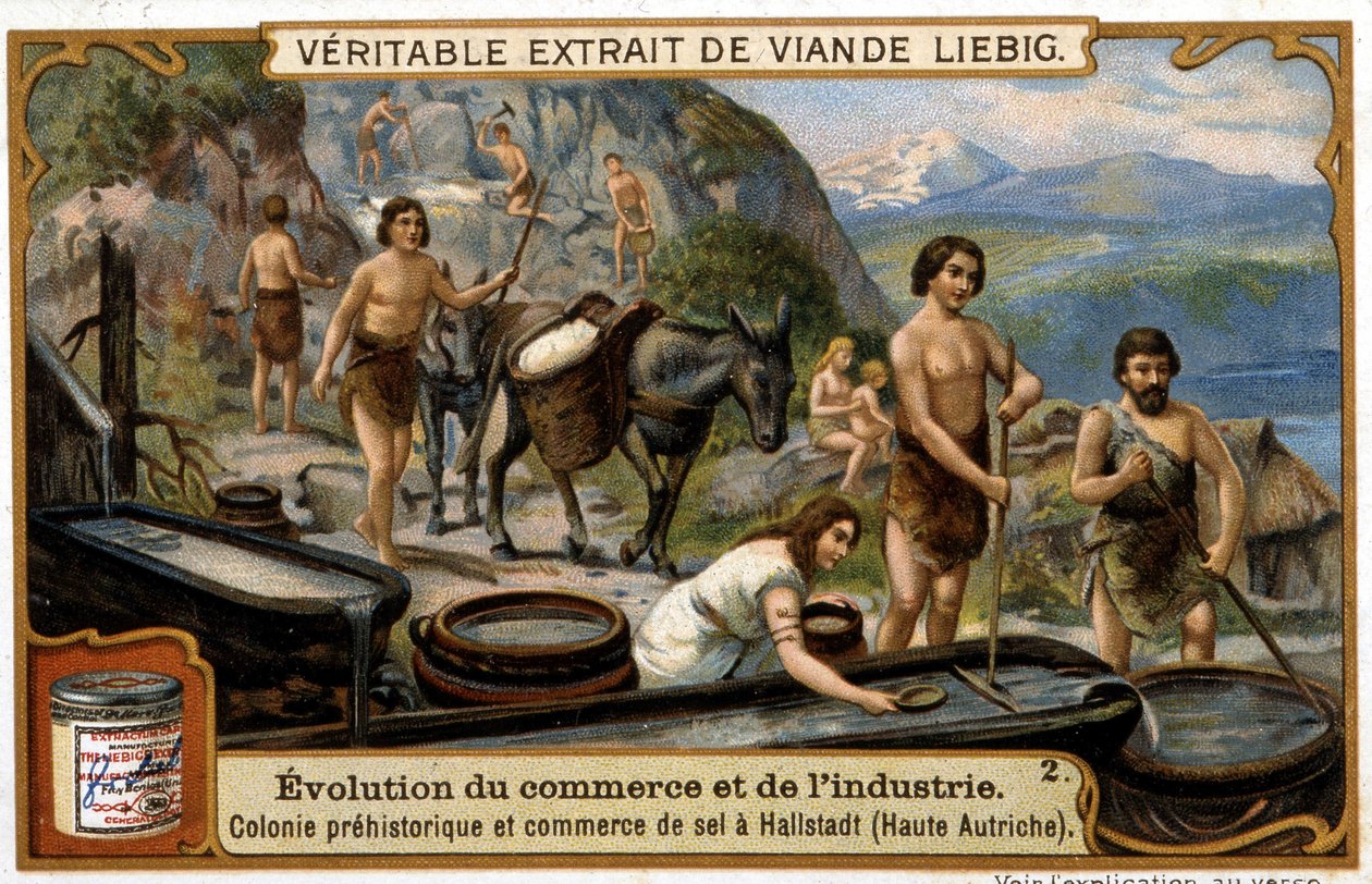 Salthandel i Øvre Østrig i forhistorisk tid i Hallstadt - chromo. Liébig af French School