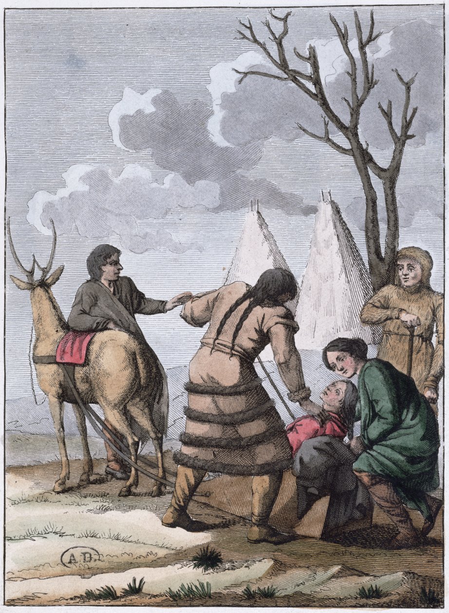 Samoyede ægteskab, 1811 (farvegravering) af French School