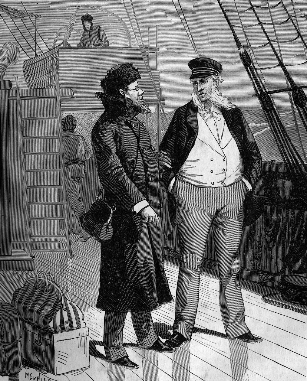 Samuel Finley Breese Morse (1791-1872), amerikansk maler og fysiker, taler, ved sin tilbagevenden til USA, med kaptajnen på skibet, om hans idé om en elektrisk telegraf. i "Populær videnskabshistorie, opfindelser og opdagelser fra den af French School