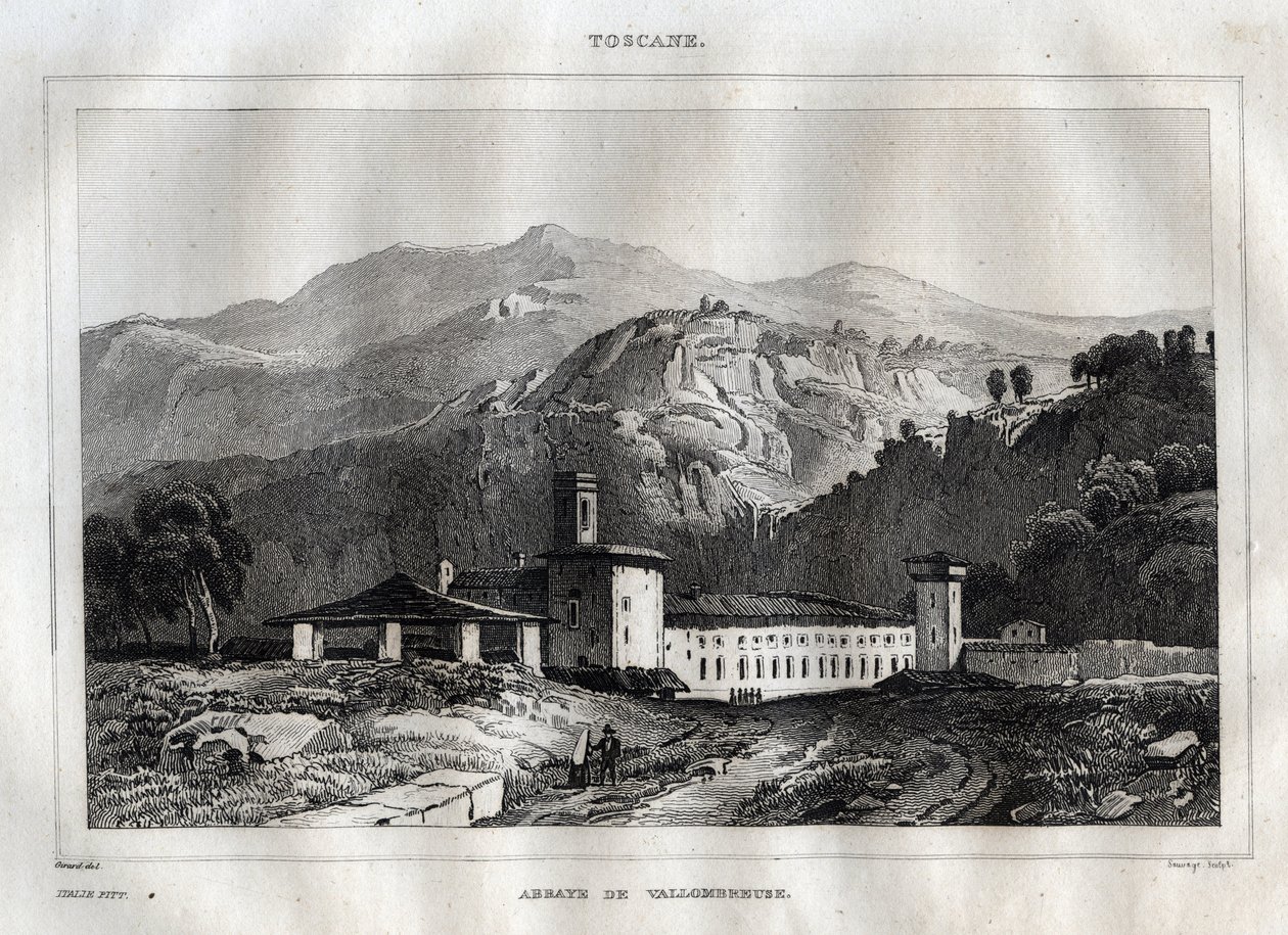 Santa Maria di Vallombrosa benediktinerkloster beliggende i kommunen Reggello, i Toscana - Vallombrosa kloster - Gravering fra "" Italy Picturesque"" - Historisk og beskrivende maleri af Italien"" af M. de Norvins, Ch. Nodier 1834-1836. af French School