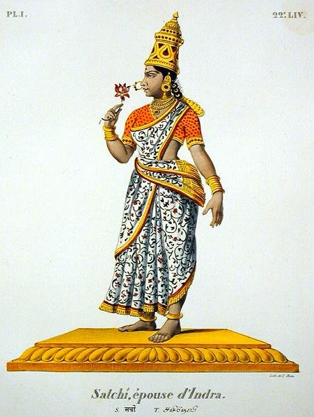 Indras Satchi-kone, graveret af C. de Motte (1785-1836) (farve litho) af French School