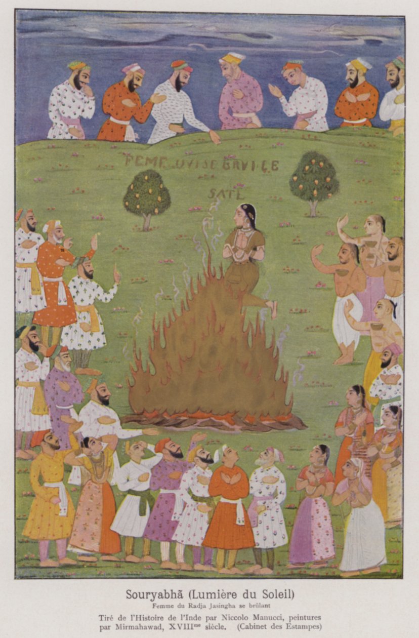 Sati, traditionen med, at en enke ofrer sig selv på sin mands ligbål i Indien (farvelitografi) af French School