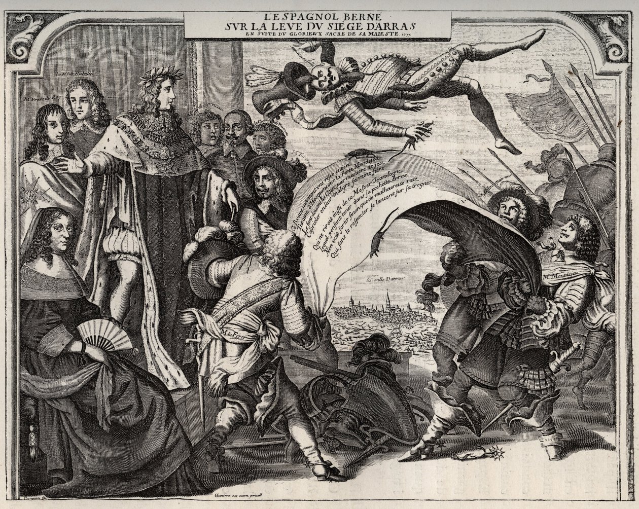Satirisk allegori om stigningen i belejringen af Arras i 1654 efter kroningen af Ludvig XIV (1638-1715). Nederst til venstre ses Dronning Anne af Østrig (1601-1666). Stående ved siden af Ludvig XIV, og til venstre for kongen, kardinal Jules Mazarin (1602-1 af French School