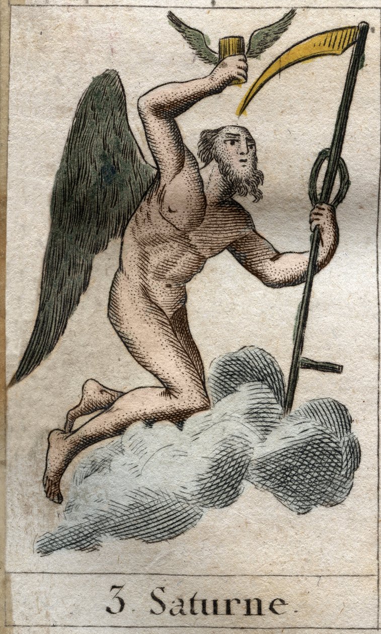 Saturn, gud for landbrug og høst, er repræsenteret med en falsk. Fra "Mythology of Youth" af Pierre Blanchard 1803. af French School