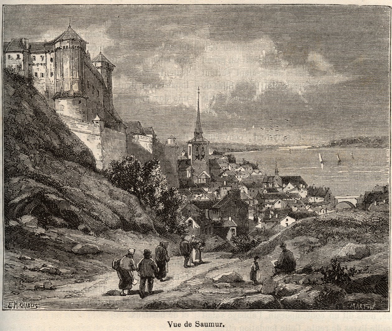 Saumur departement Maine-et-Loire, i regionen Pays de la Loire - gravering i "Frankrig illustree: geografi, historie, statistisk administration" af V.-A. Malt-brun. 1884 af French School