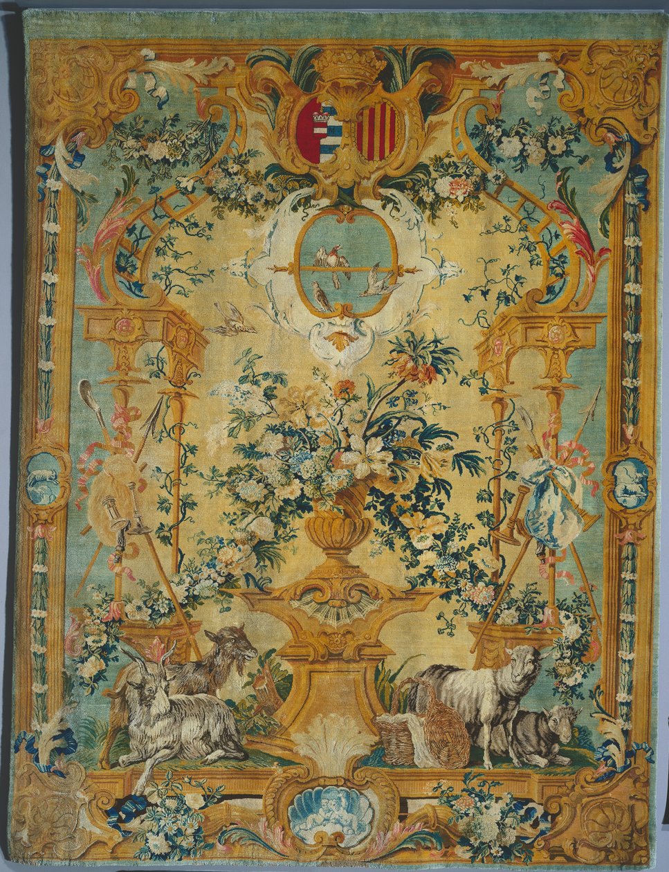 Savonnerie Panel: Fjeder med våbenskjold, fabrikant Savonnerie Factory, Frankrig, før 1717 af French School