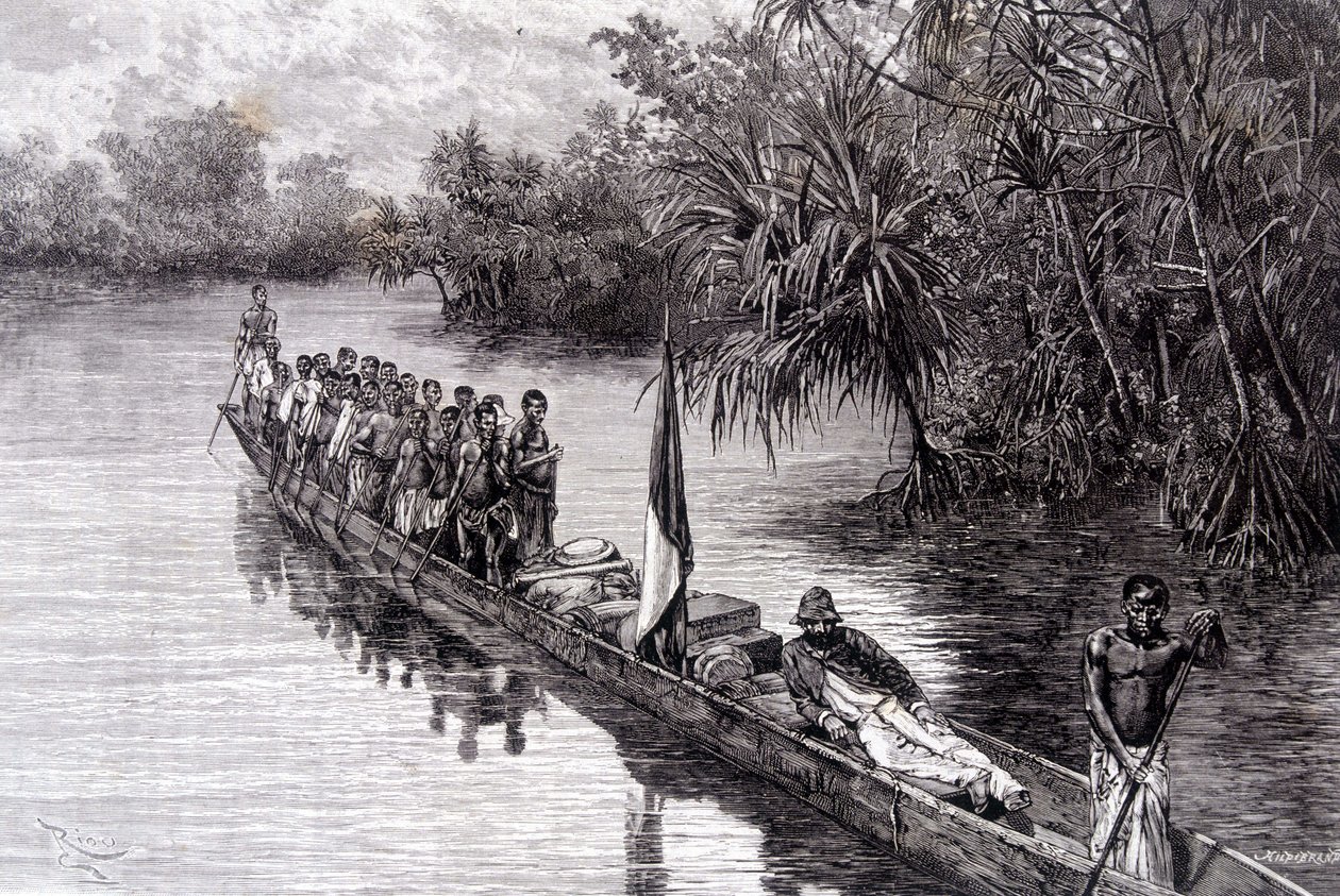 Savorgnan af Brazza i en kano i pandanus i Vestafrika - i "" Tour du Monde"", 2. uge 1887 af French School