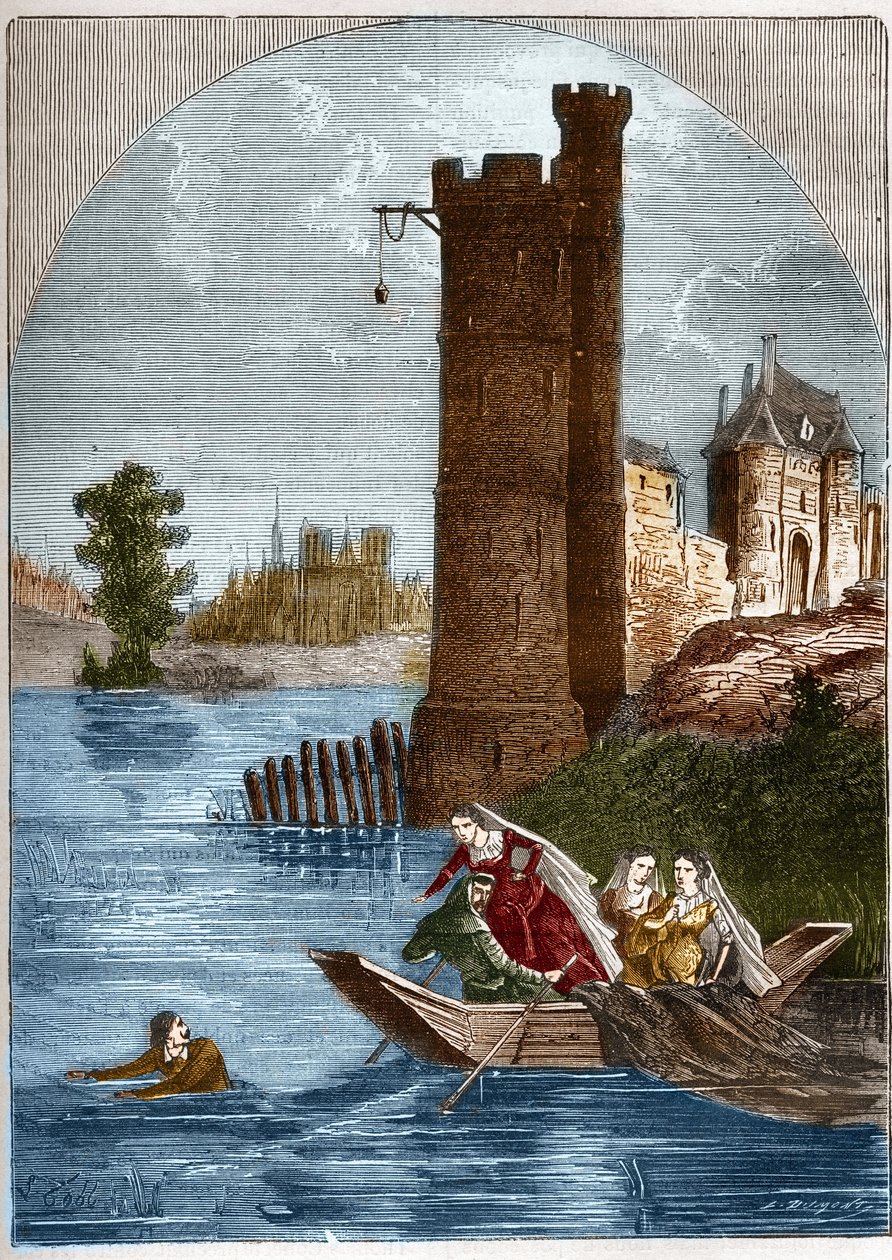 Skandale (affære) om tårnet i Nesle: Buridan formåede at flygte fra tårnet i Nesle i Paris i 1314 på trods af bagholdet sat af dronning Marguerite af Bourgogne (1290-1315). Indgravering i "Histoire de la prostitution et de la debauche dans les peuples du g af French School