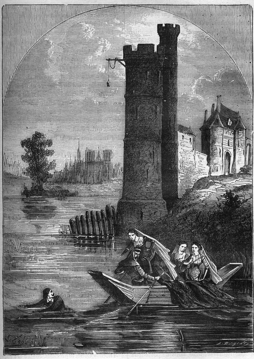 Skandale (affære) om tårnet i Nesle: Jean Buridan formåede at flygte fra tårnet i Nesle i 1314 på trods af bagholdet sat af dronning Marguerite af Bourgogne (1290-1315). Indgravering i "Histoire de la prostitution et de la debauche dans les peuples du glob af French School