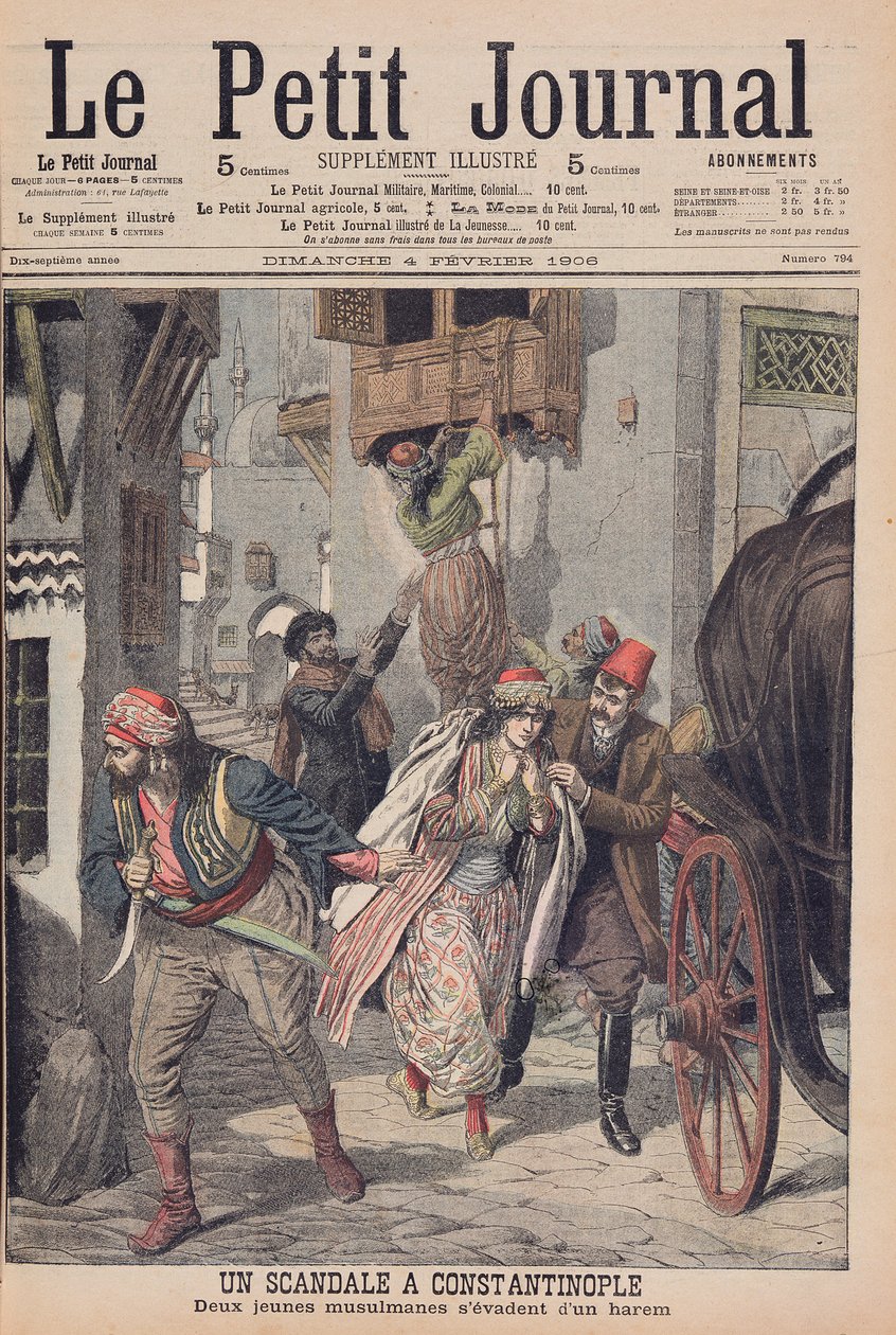 Skandale i Konstantinopel, to unge muslimske damer, der flygter fra et harem, illustration fra 