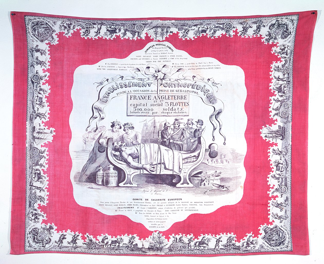 Tørklæde, der karikerer Rusland syg af grådighed og ambitioner under Krimkrigen, ca. 1856 (trykt silke) af French School