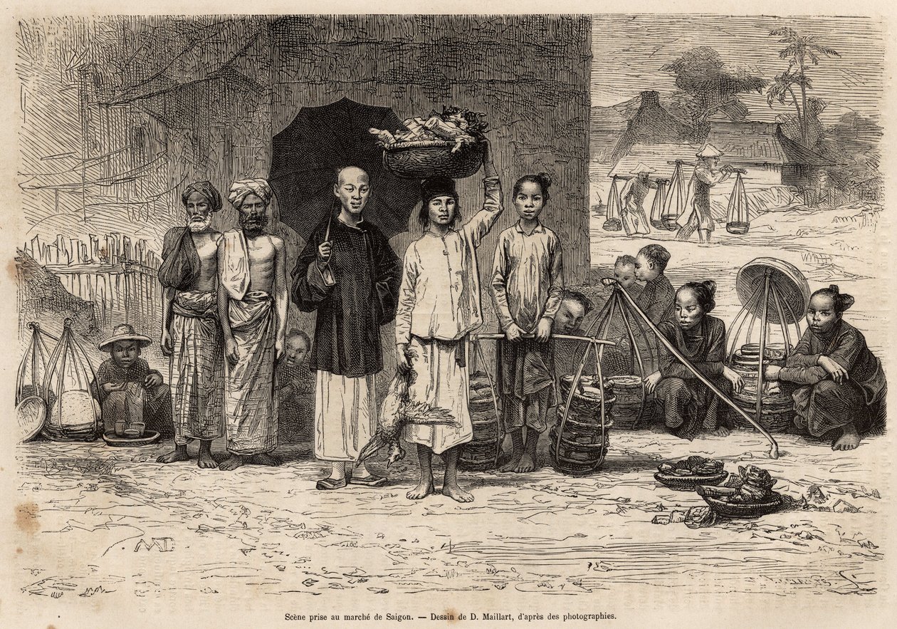 Scene du marche de Saigon, gravering efter en tegning af D. Maillard, illustrerende rejsen til Cochinchine, af Doctor Morice, i 1872, udgivet i "" Le tour du monde"" 1875, redigeret af Edouard Charton, Hachette-udgaven, Paris. Selva samling. af French School