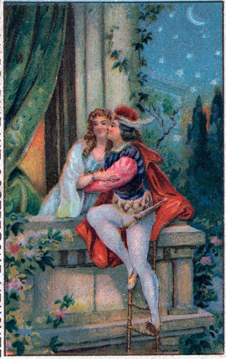 Scene fra Shakespeares "Romeo og Julie", 3. akt, 5. scene: de elskende på balkonen. af French School
