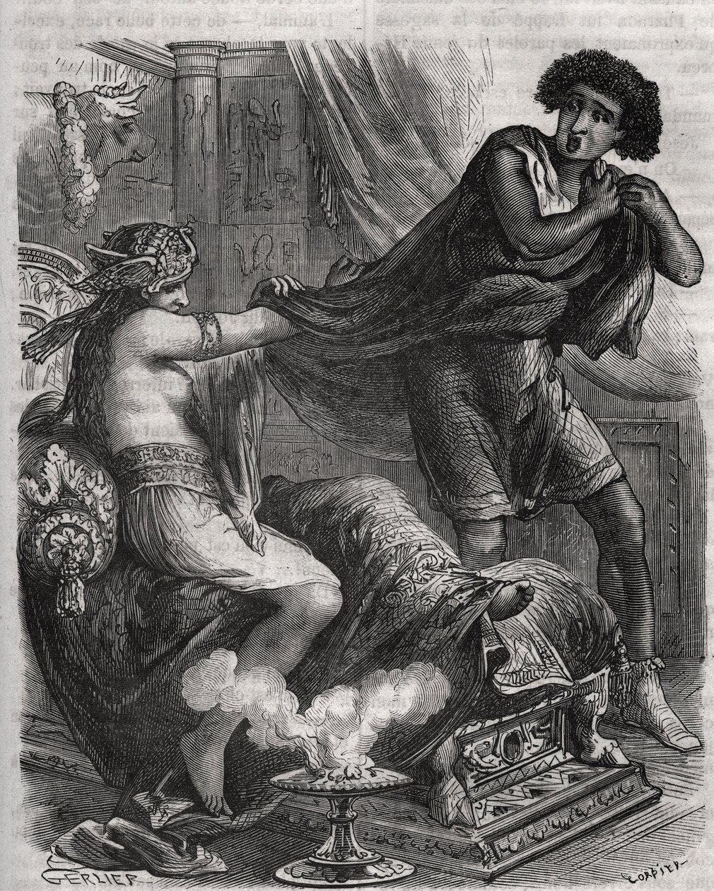 Scene fra Bibelen: "" Hun greb den alt for dydige unge mand ved hans tunika""". Putifars (Potifar) hustru forsøger at forføre Josef, en slave af faraoen. Indgravering fra 1871 i "Histoire Des Cocus Celebres"" af Henry de Kock (1819-1892). af French School