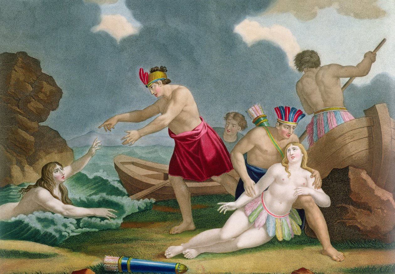 Scene fra historien om den aztekiske prinsesse Amazilly og hendes bror Telasco af French School