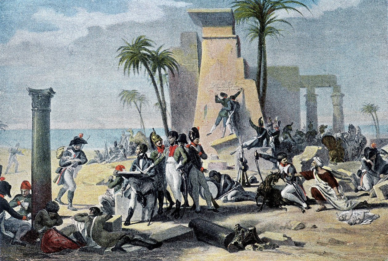 Kohtaus Ylä-Egyptissä (Elävä Denon ja ranskalainen Armee levossa jäänteiden joukossa) (Living-Denon) - elokuvassa "" Victoires et Conquêtes des Armees Francaises", Pariisi af French School