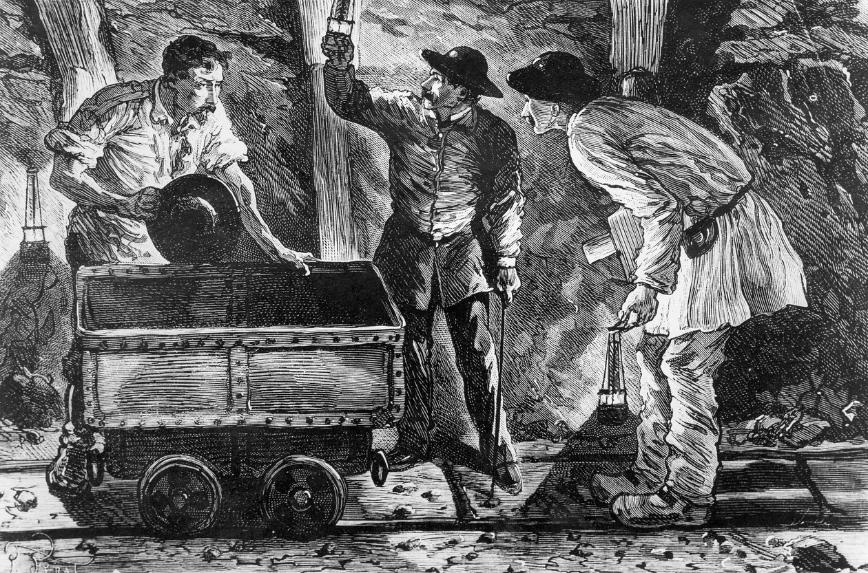Scene i en kulmine, illustration fra Germinal af Emile Zola (1840-1902), 1886 af French School