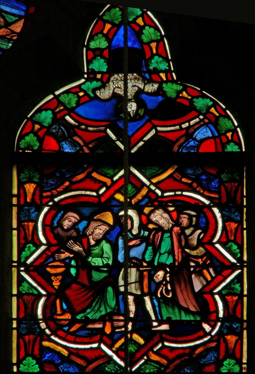 Scene i E-vinduet, der forestiller Pilatus, der vasker sine hænder; Helligåndens due af French School