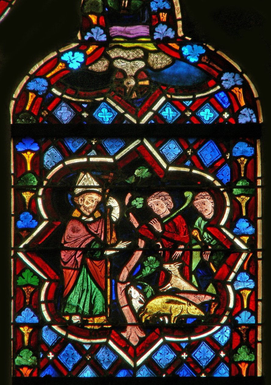 Scene i E-vinduet, der forestiller St. Samson, ændrer grise til geder af French School