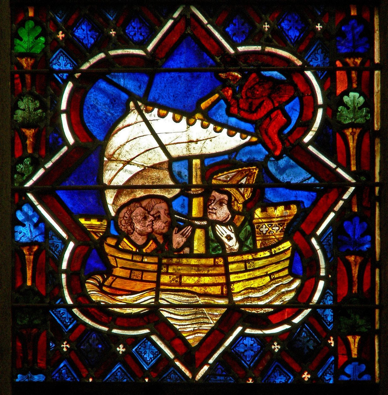Scene i E-vinduet, der forestiller St. Samson, krydser Den Engelske Kanal af French School