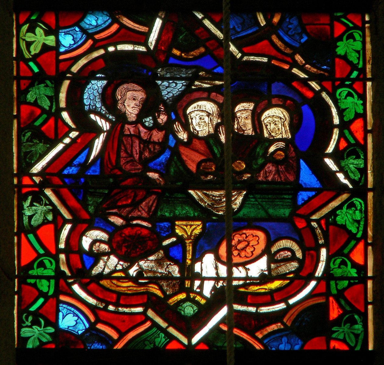 Scene i E-vinduet, der forestiller de tre Marys ved opstandelsesgraven af French School