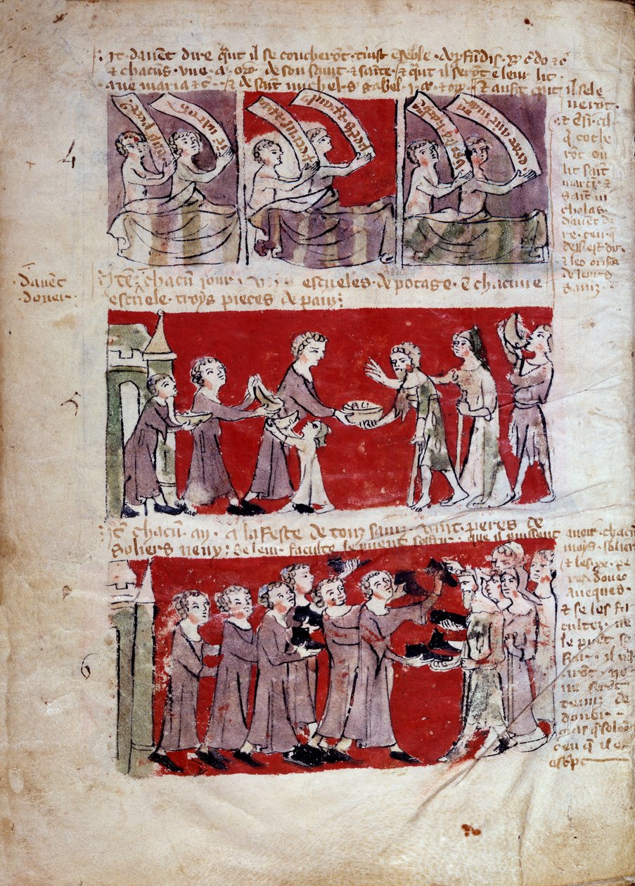 Scene for studielivet på Hubant College eller Ave Maria i Paris Scener fra studielivet og colleges regler. Strimler 4 til 6. Manuskriptside "" Livre des statutes du College de Hubant ou de l