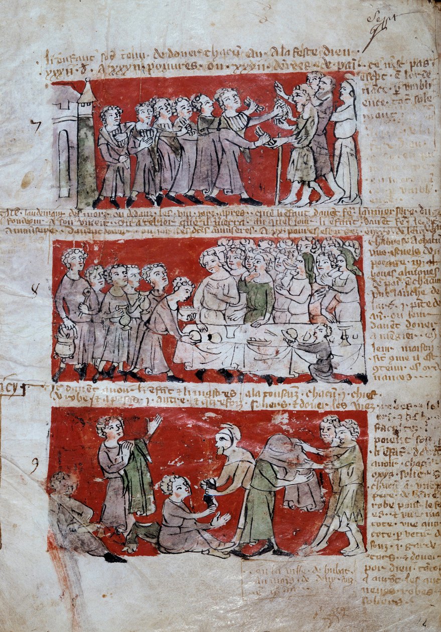 Scene for studielivet på Hubant College eller Ave Maria i Paris Scener fra studielivet (måltider, velgørenhed) og colleges regler. Strips 7 til 9. Manuskriptside "" Livre des statutes du College de Hubant ou de l