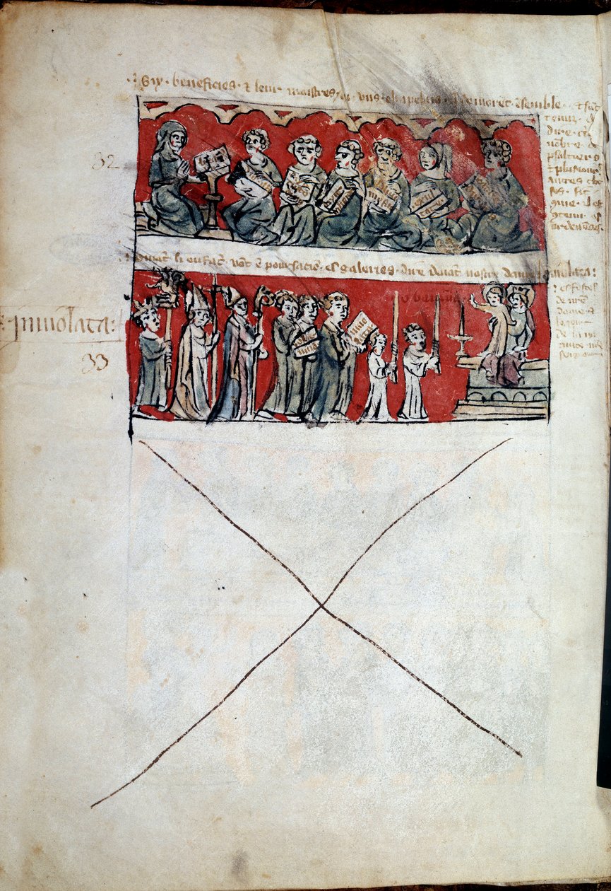 Scene for studielivet på Hubant College eller Ave Maria i Paris Scener fra studielivet (bønner) og collegereglementet. Bånd 32 til 33. Manuskriptside "" Livre des statutes du College de Hubant ou de l