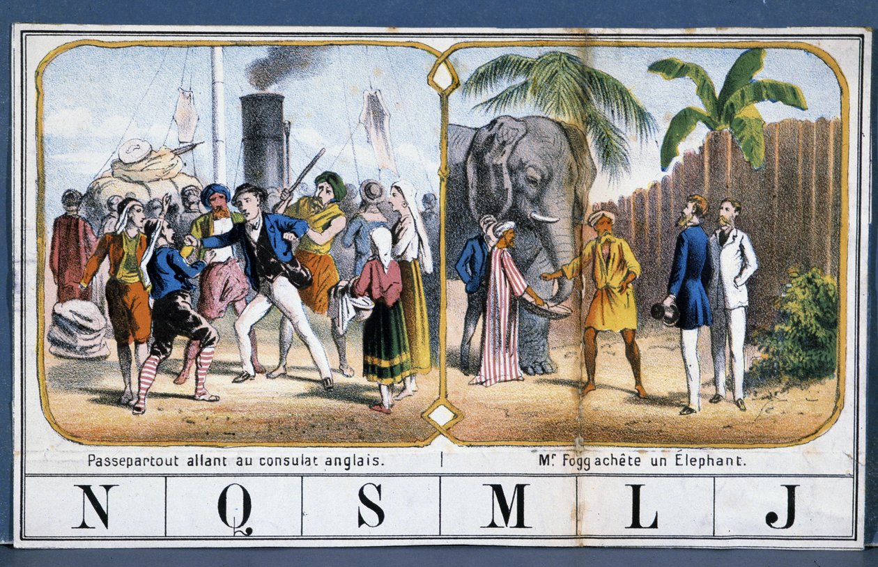 Scener med Passepartout og Phileas Fogg i Indien, ill. fra spillet "" The World Tour"" af Jules Verne, n.d. slutningen af det 19. århundrede. af French School