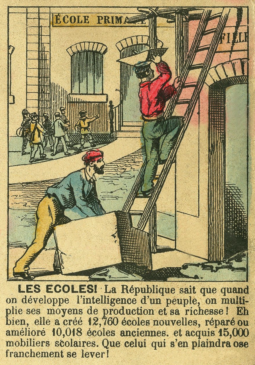 Skoler, der illustrerer fordelene ved Den Tredje Republik for udviklingen af uddannelse i skolerne. Gravering, i "" Le Figaro, supplement"", den 30/03/1889, Paris. Saml. Selva. af French School