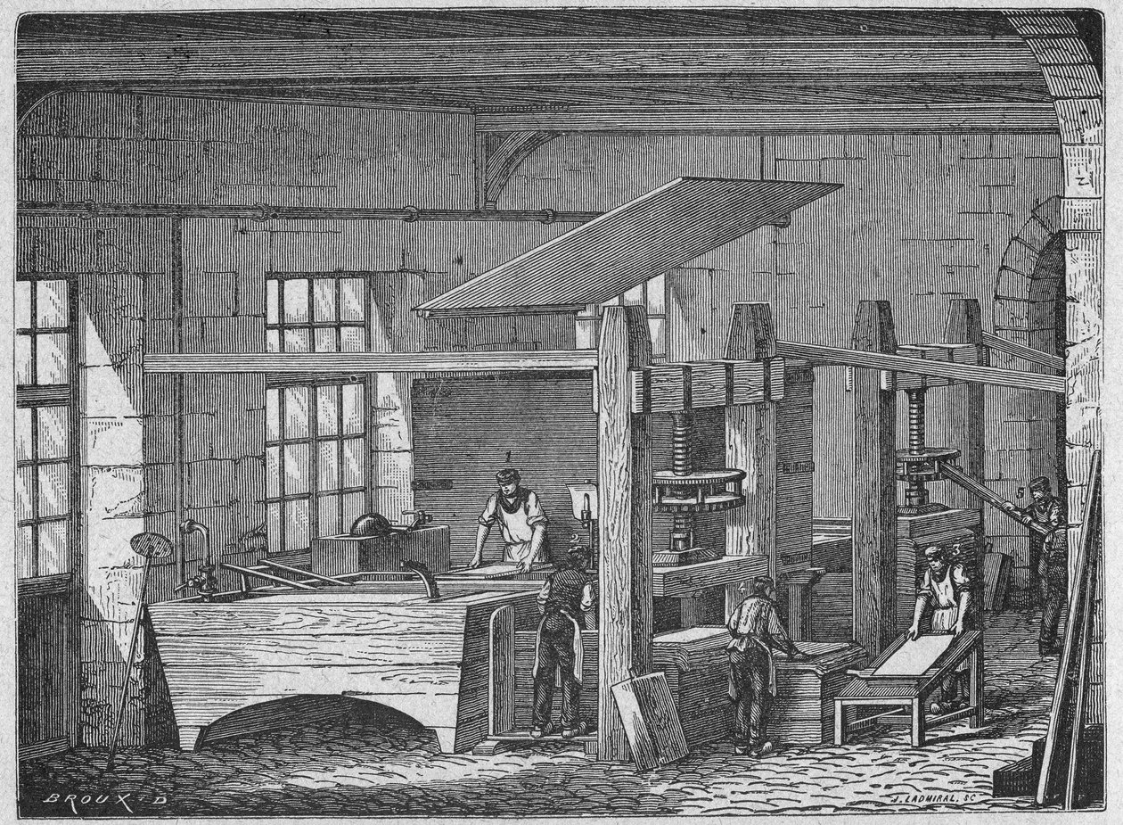 Videnskab. Papirfremstilling. Håndlavet papir. Gravering i: Store mænd og store fakta fra industrien, Frankrig, ca. 1880 (gravering) af French School