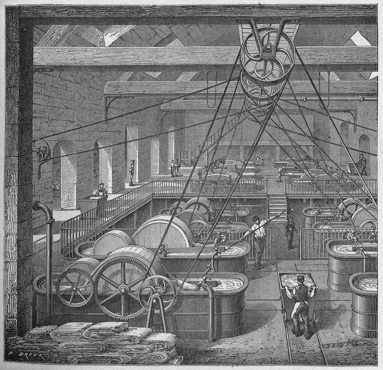 Videnskab. Papirfremstilling. Bøtter til klude (fremstilling af bomuldspapir). Gravering i: Store mænd og store fakta fra industrien, Frankrig, ca. 1880 (gravering) af French School