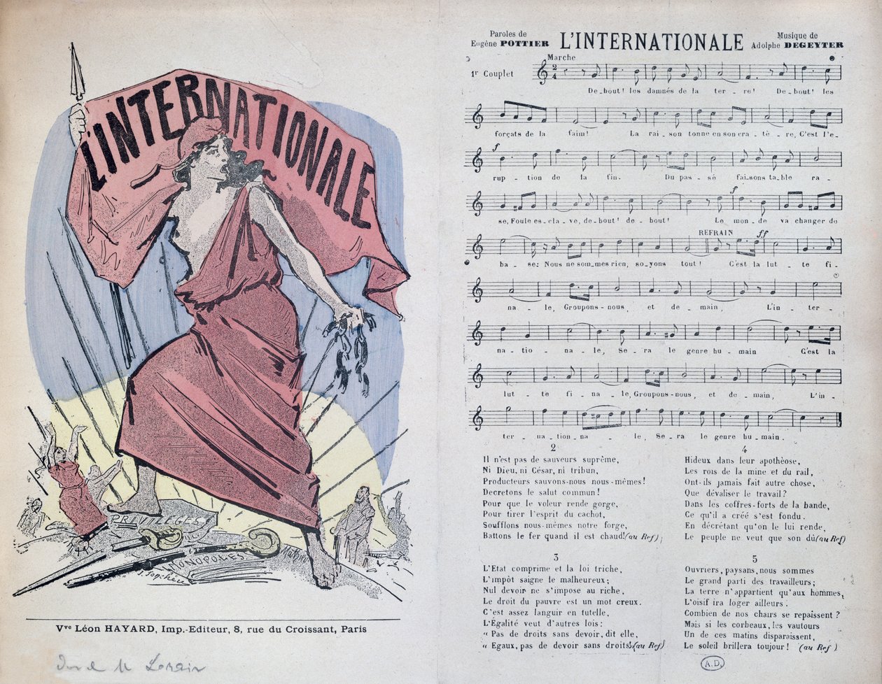 Partiturark til sangen LInternationale, ca. 1900 af French School