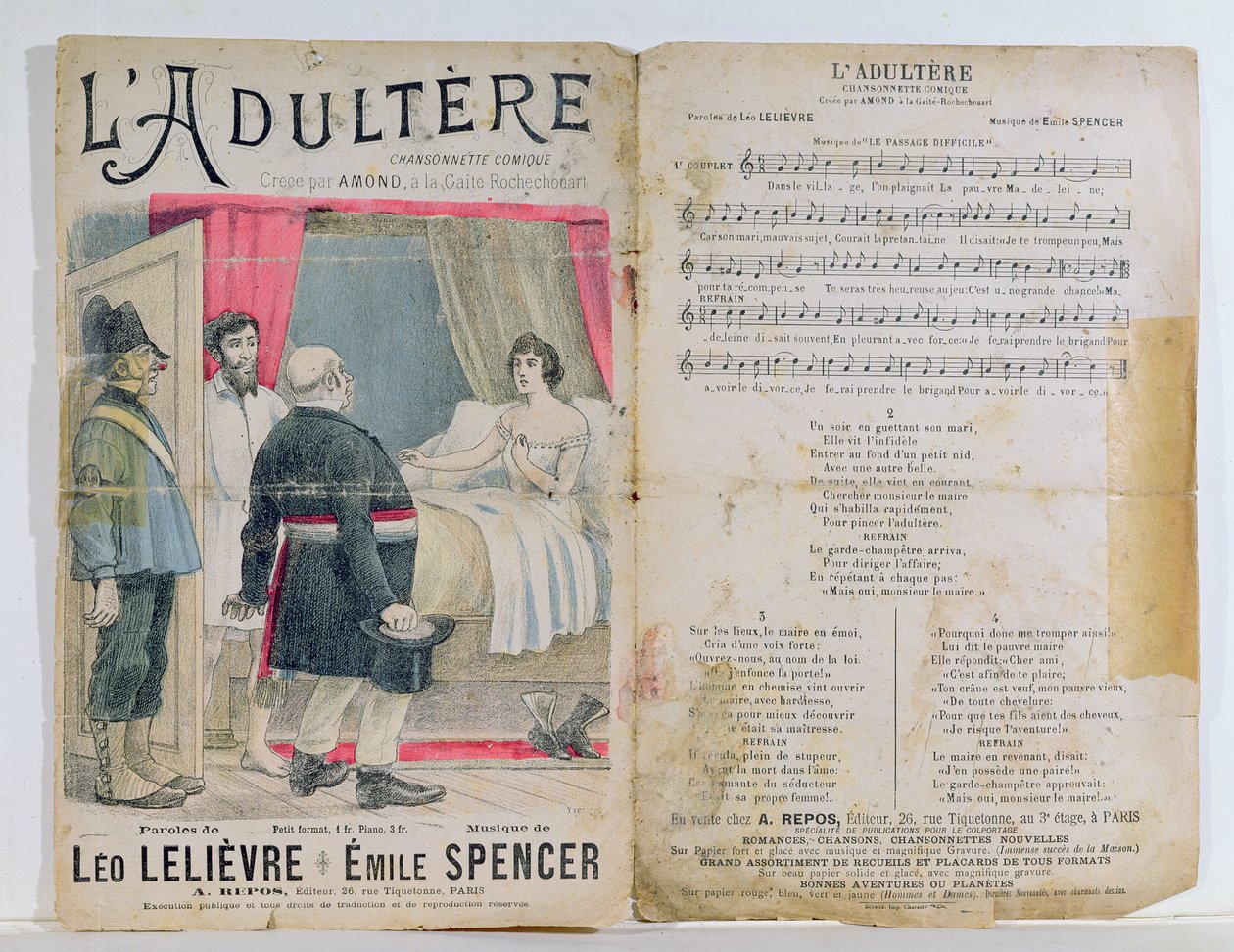 Partiturark af LAdultere, en komisk sang med ord af L. Lelievre og musik af E. Spencer af French School