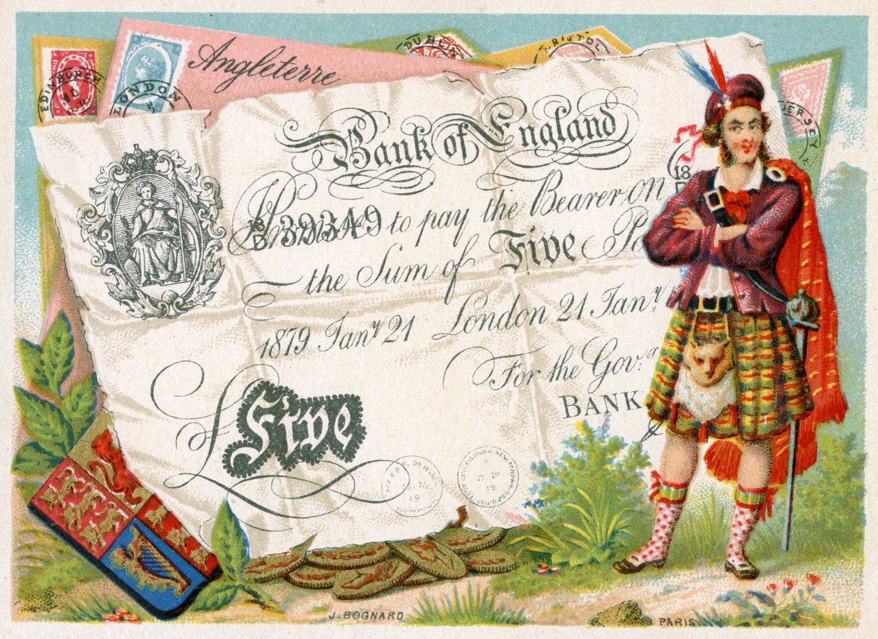 Skotsk soldat bevogter en Bank of England Five Pound Note, 1886-95 af French School