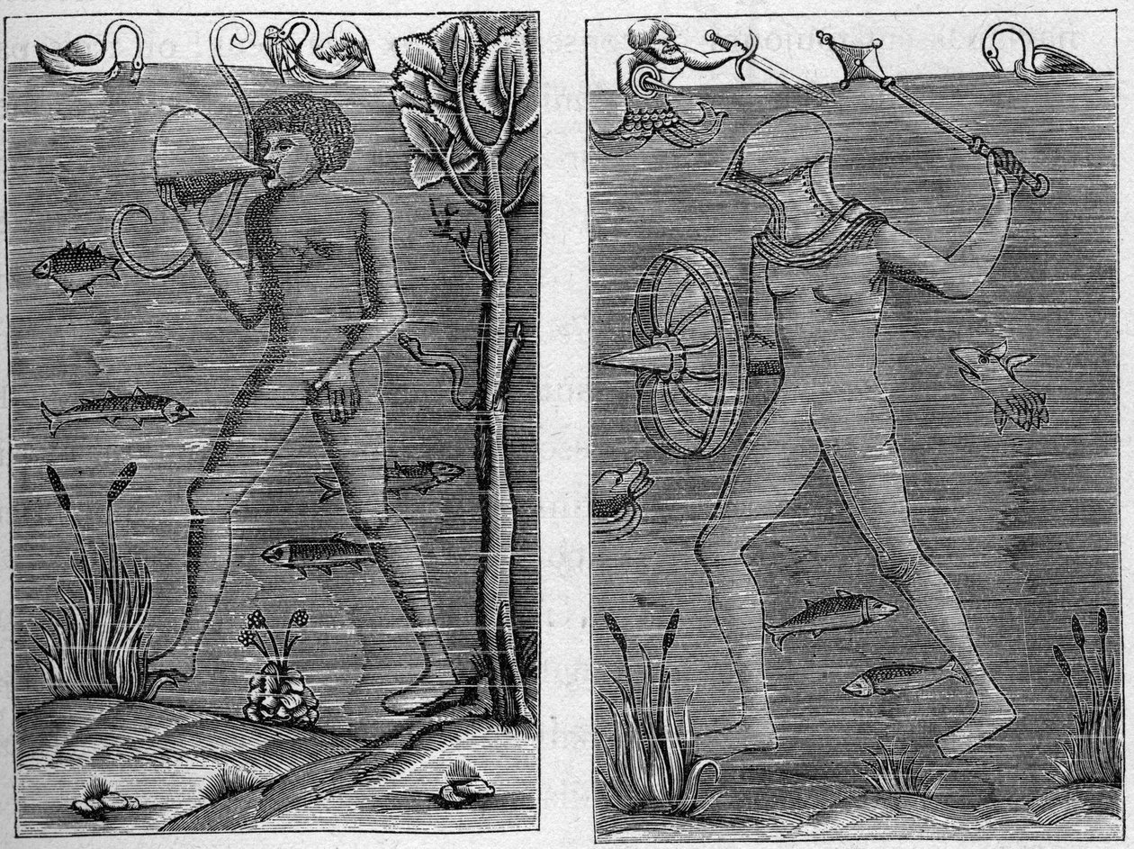 Søsoldat: dykkeren og våbenmanden. Stik fra træfigurer fra 1500-tallet. I "La Marine et les kolonier: handel" af French School